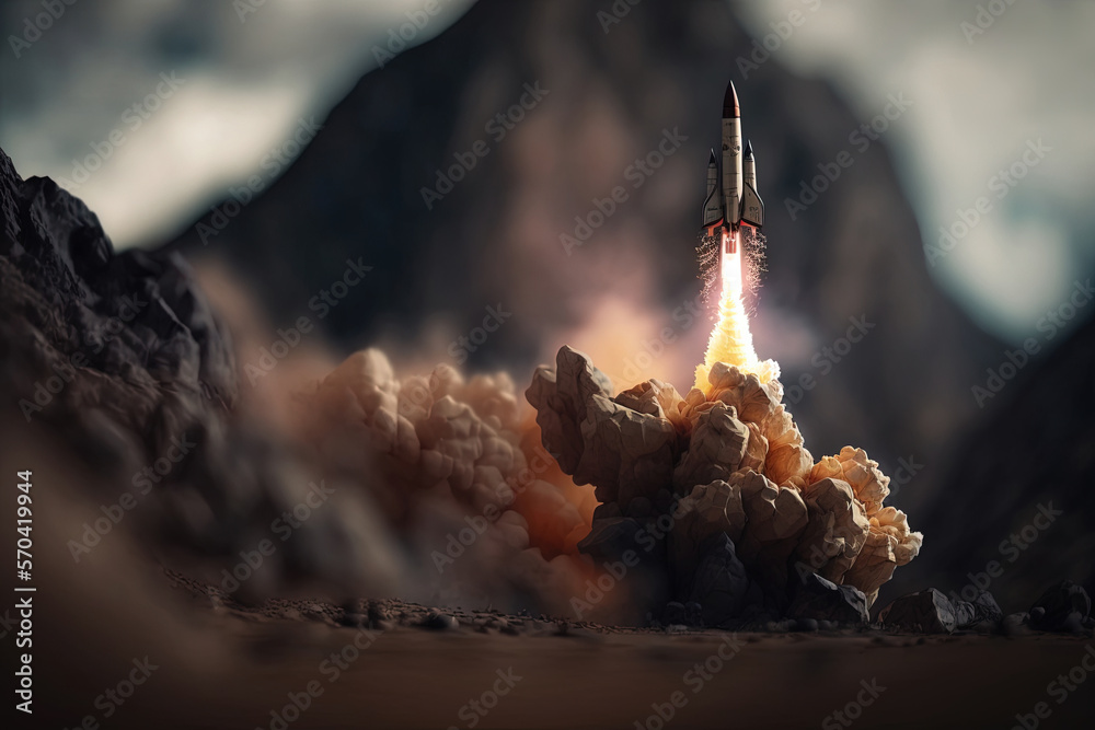 Generative AI, Rocket launch from the ground, mountains. Illustration concept of business product on