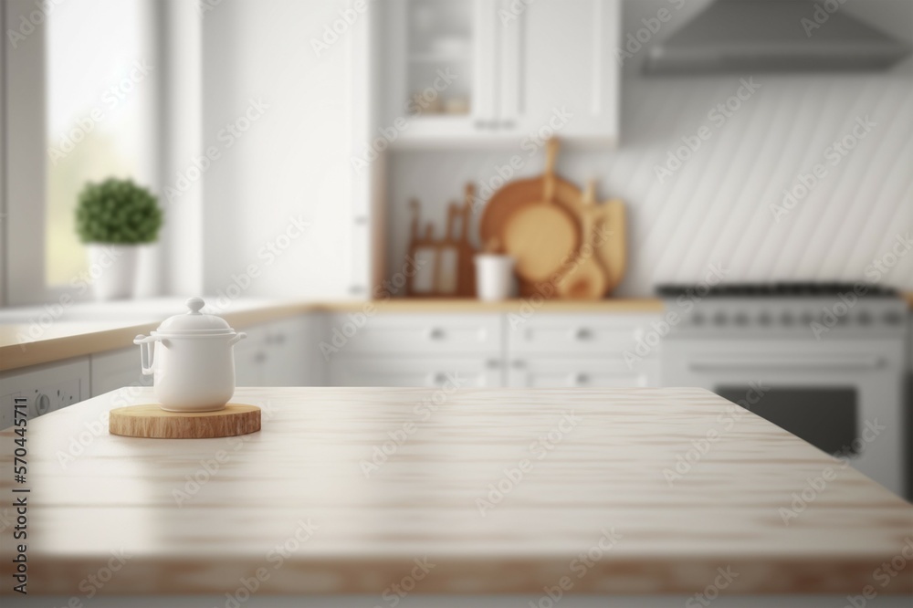 Empty white tabletop, counter, desk background over blur perspective kitchen background, White marbl