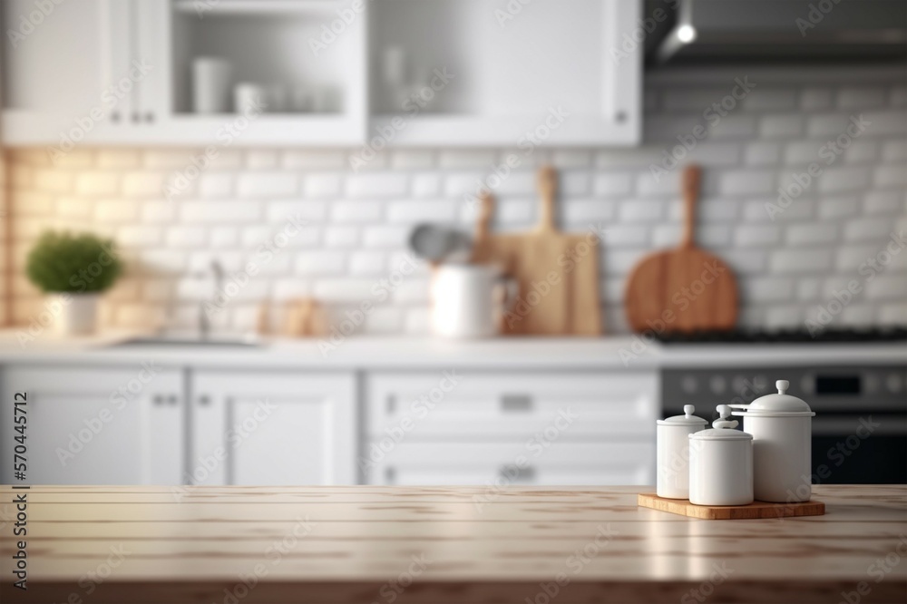 Empty white tabletop, counter, desk background over blur perspective kitchen background, White marbl