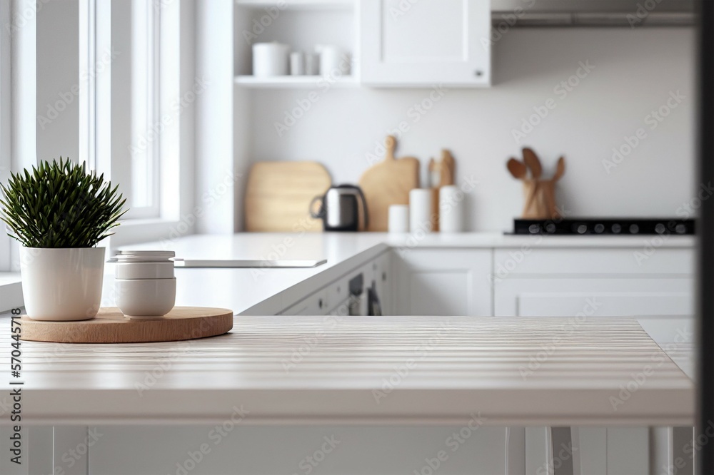 Empty white tabletop, counter, desk background over blur perspective kitchen background, White marbl