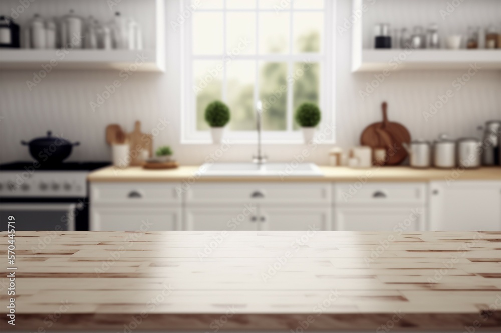 Empty white tabletop, counter, desk background over blur perspective kitchen background, White marbl