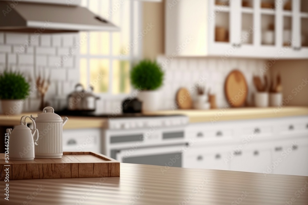 Empty white tabletop, counter, desk background over blur perspective kitchen background, White marbl