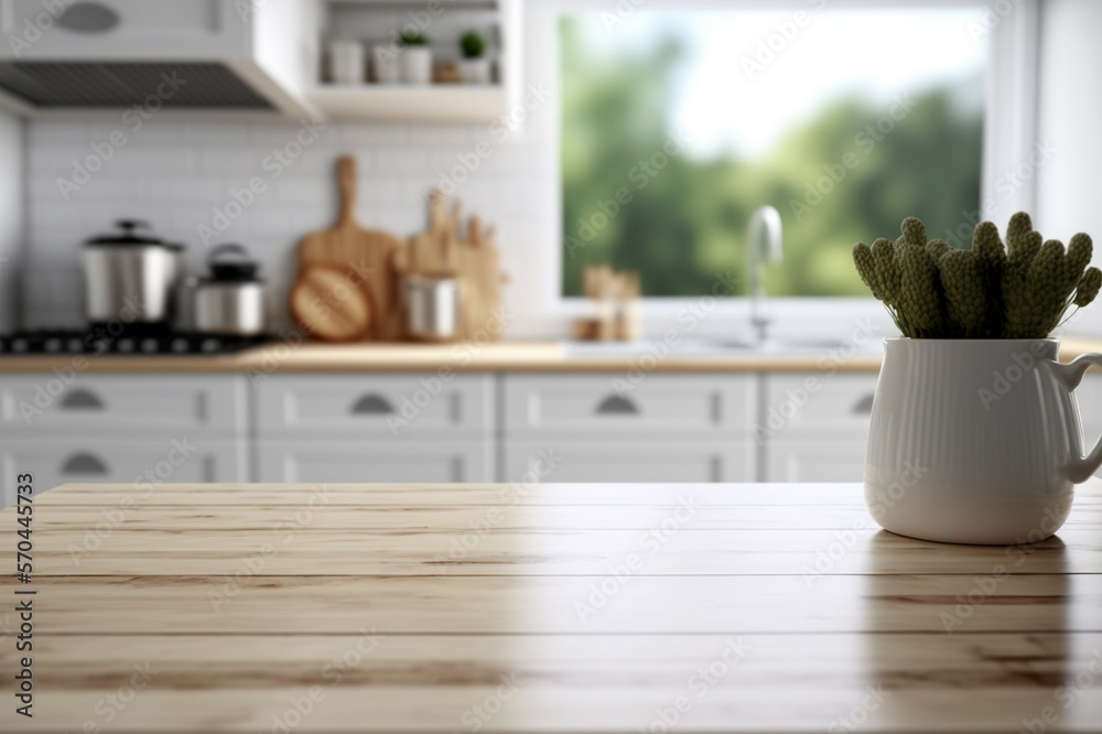 Empty white tabletop, counter, desk background over blur perspective kitchen background, White marbl