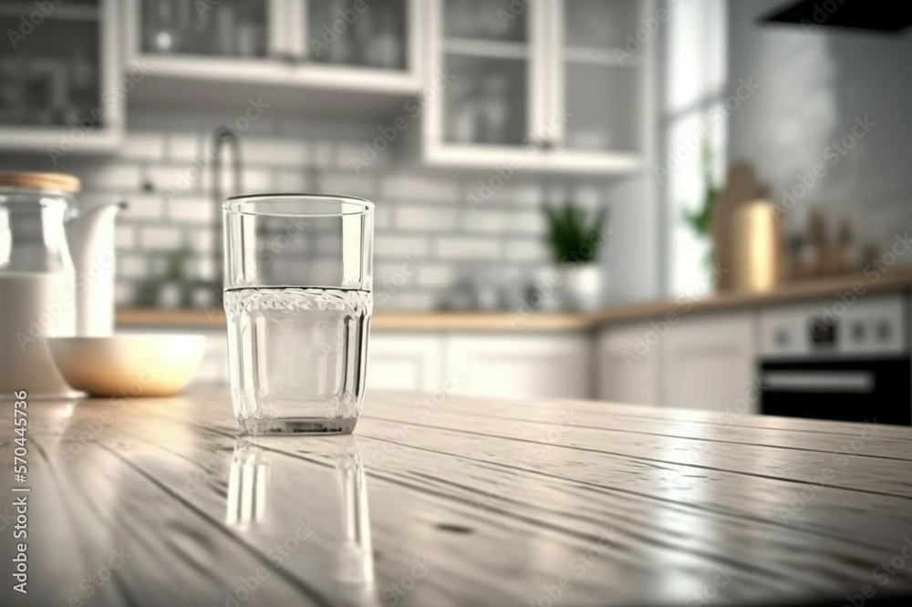 Empty white tabletop, counter, desk background over blur perspective kitchen background, White marbl