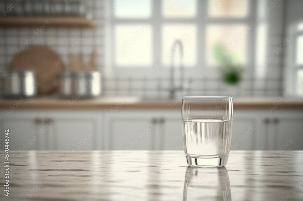 Empty white tabletop, counter, desk background over blur perspective kitchen background, White marbl