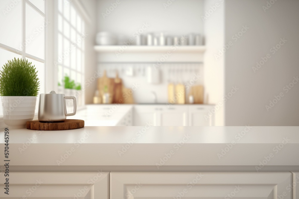 Empty white tabletop, counter, desk background over blur perspective kitchen background, White marbl