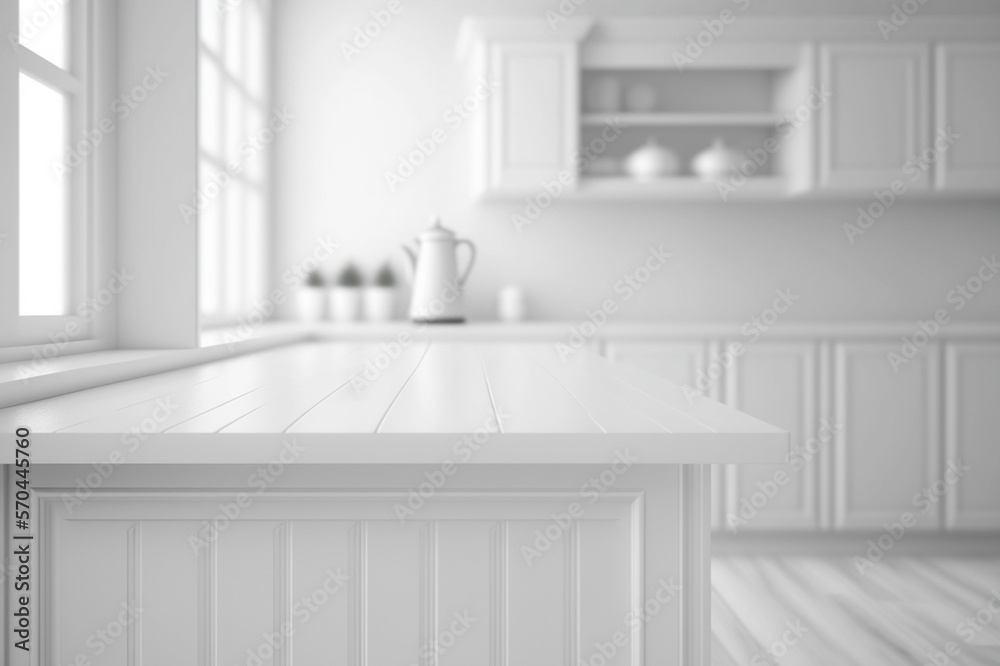 Empty white tabletop, counter, desk background over blur perspective kitchen background, White marbl