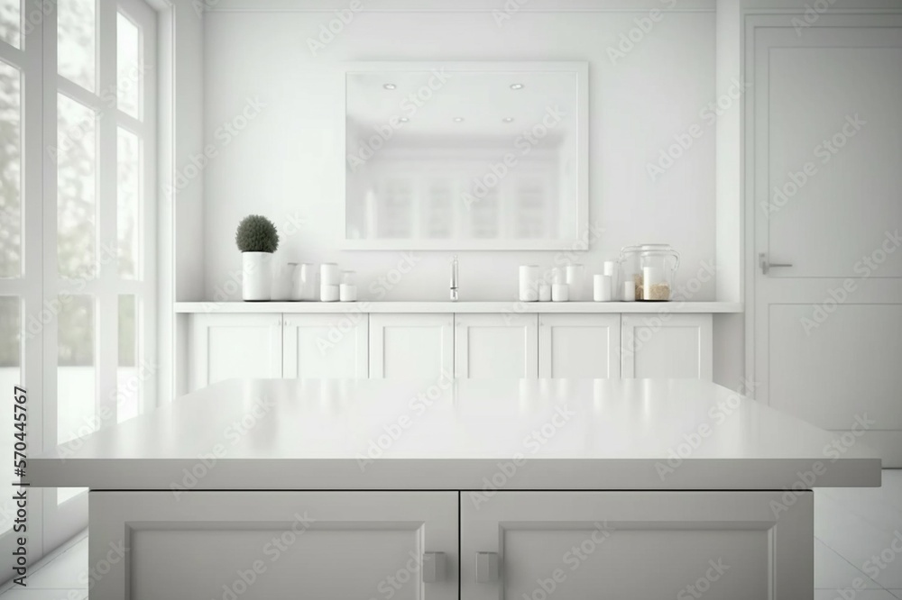 Empty white tabletop, counter, desk background over blur perspective kitchen background, White marbl