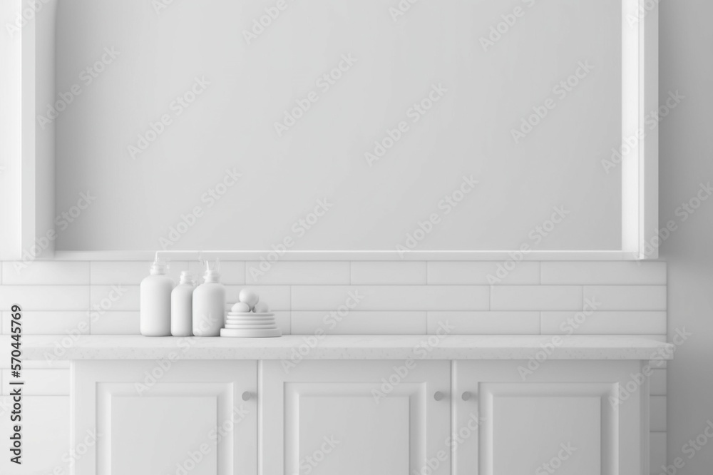 Empty white tabletop, counter, desk background over blur perspective kitchen background, White marbl