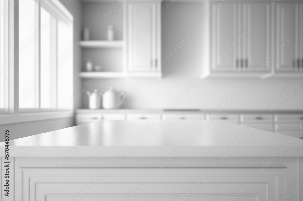 Empty white tabletop, counter, desk background over blur perspective kitchen background, White marbl