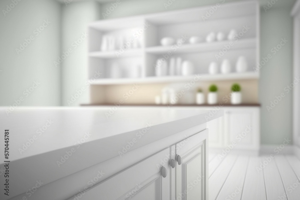 Empty white tabletop, counter, desk background over blur perspective kitchen background, White marbl