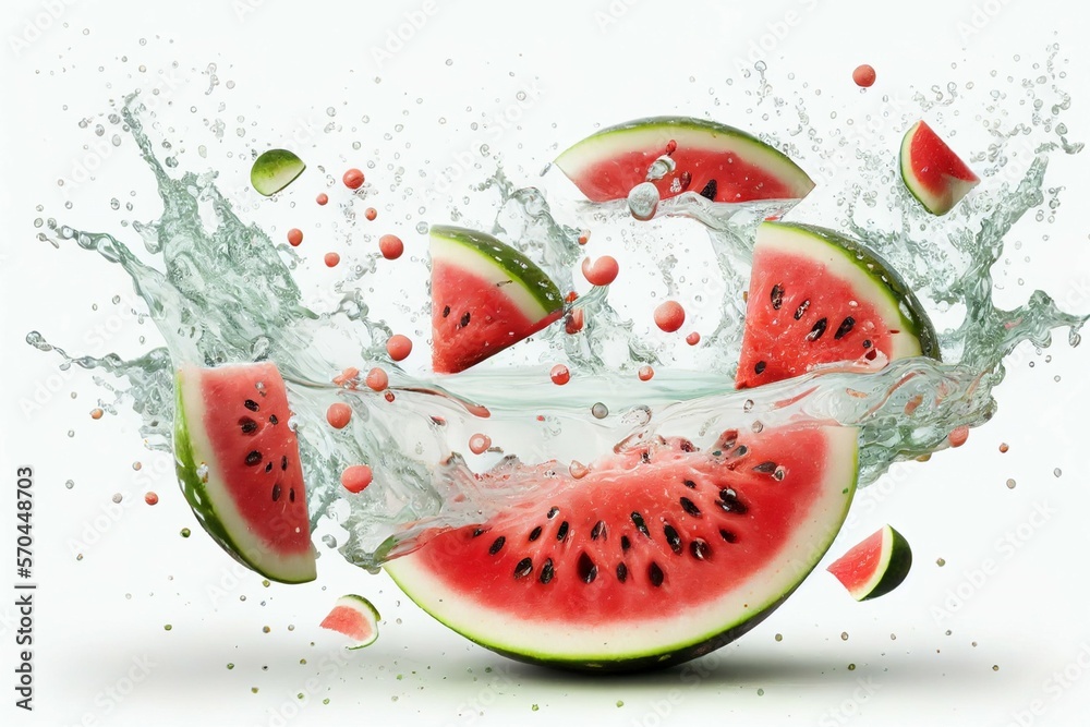 Watermelon falling in the water, Fruit, Water splash, Isolated on white background, Generative Ai