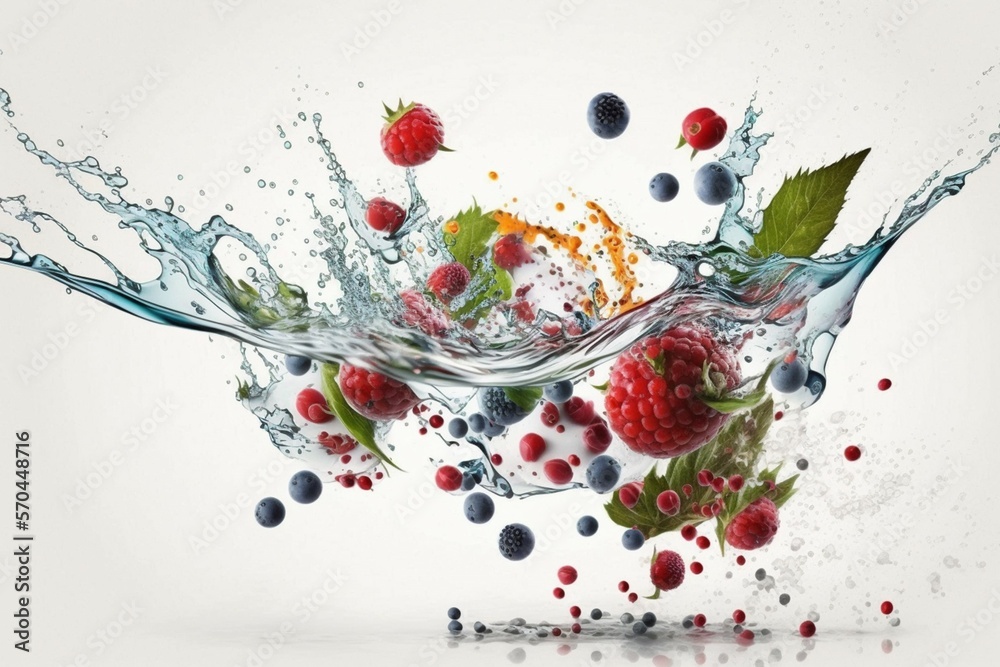 Berries falling in the water, Fruit, Raspberry, Blackberry, Strawberry, Water splash, Isolated on wh