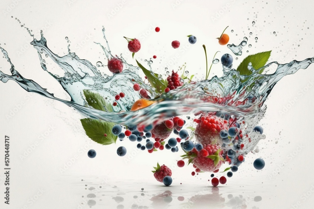 Berries falling in the water, Fruit, Raspberry, Blackberry, Strawberry, Water splash, Isolated on wh