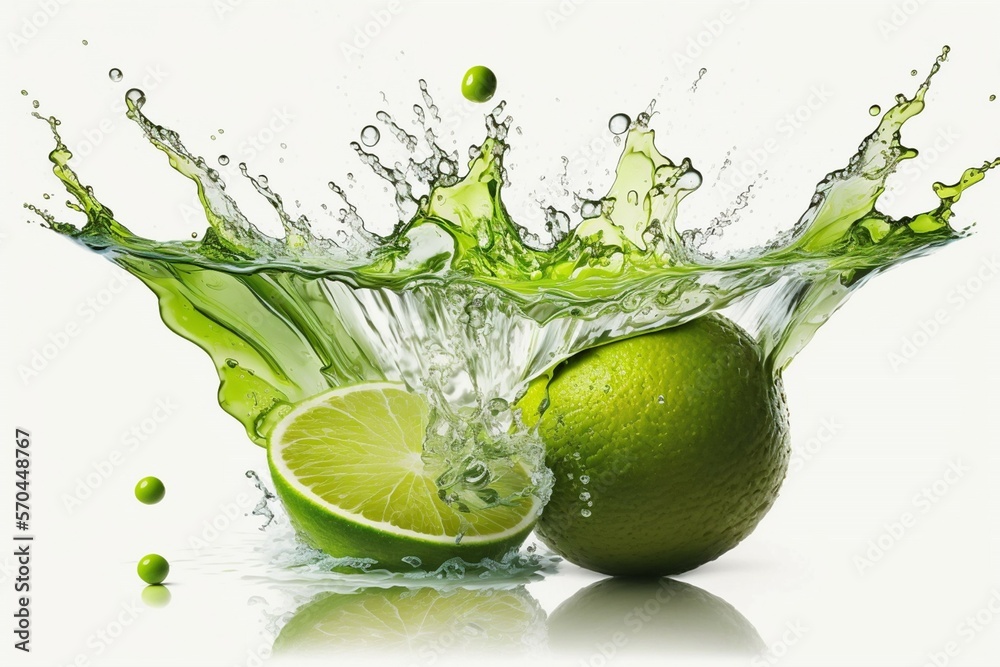 Lime falling in the water, Fruit, Cytrus, Limes, Water splash, Isolated on white background, Generat