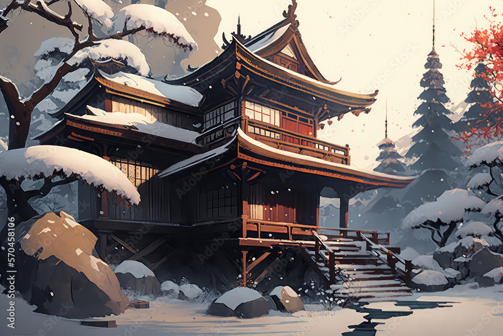 illustration painting of Japanese vintage concept art. Old traditional architecture. Asian winter. C