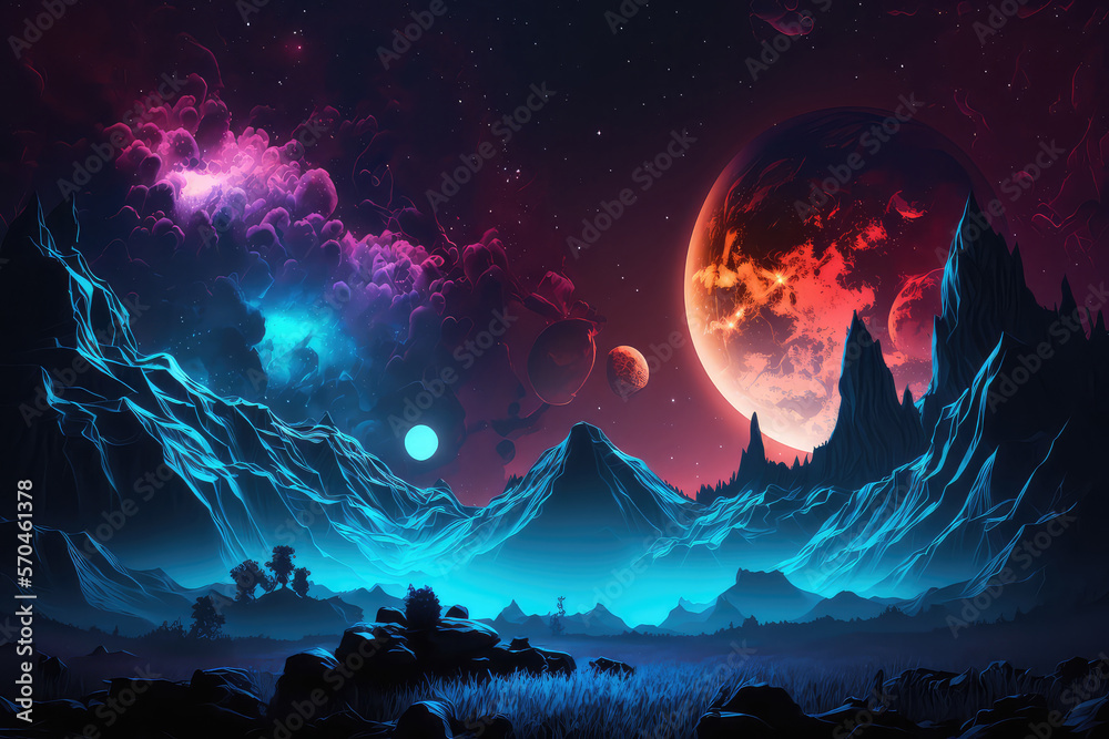 Abstract fantasy neon space landscape. Star nebulae, month and moon, mountains, fog. Unreal fantasy 