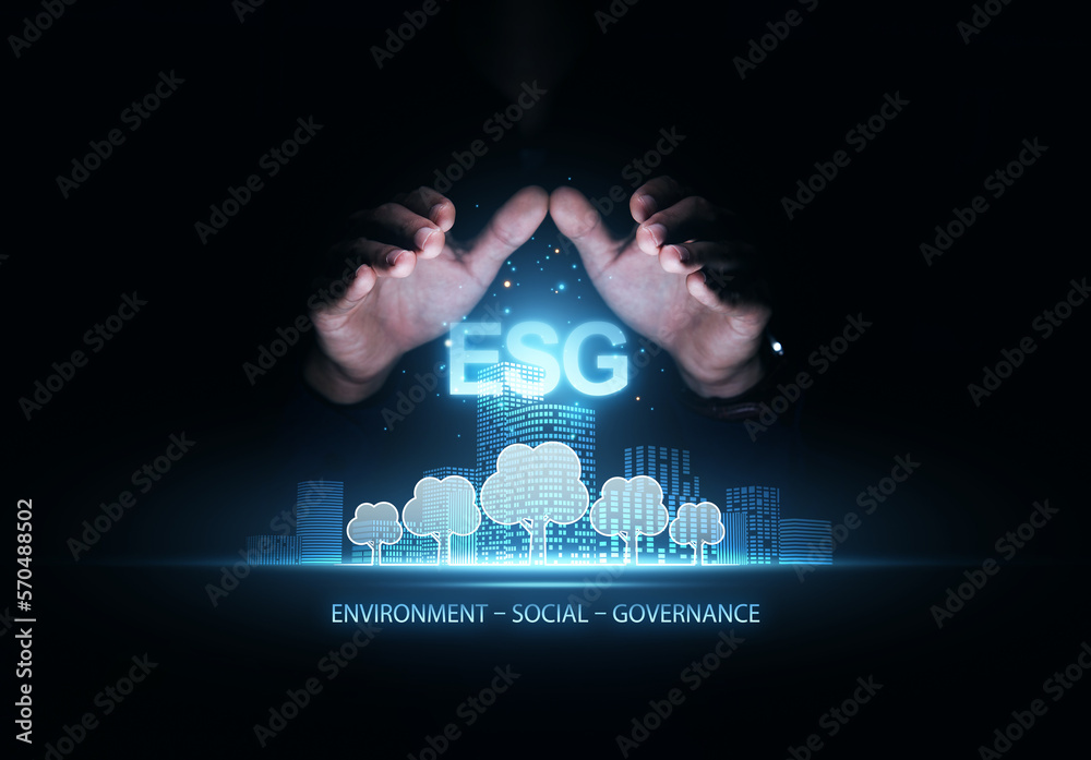 Environmental and Ecology Care concept, Businessman hand gesture protecting ESG for Environment Soci