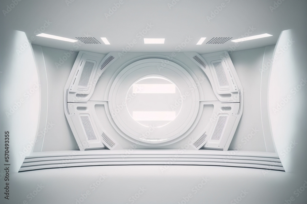 Futuristic stage in a spaceship showroom floor with copy space for product display mock up . White c