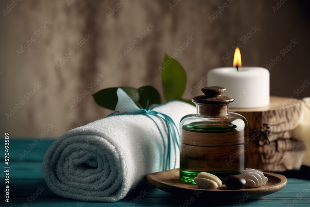 AI Generative image, spa accessory composition set in spa hotel , beauty wellness center . Spa produ