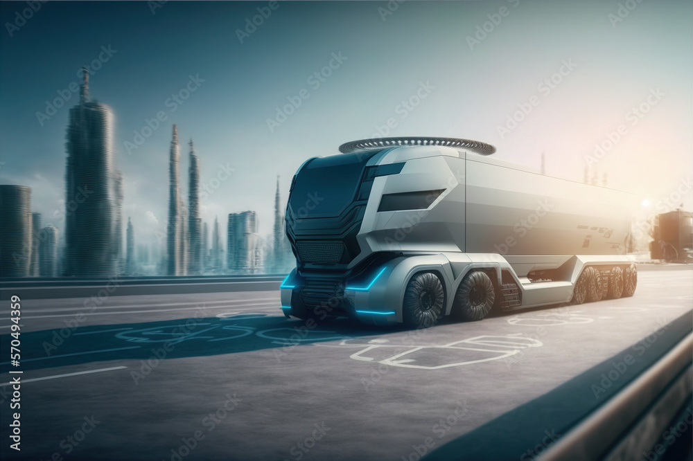 Self driving futuristic freight truck deliver goods to warehouse on city highway road with advanced 