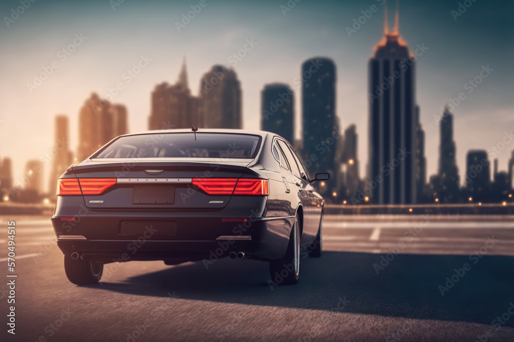 Back view of generic sedan car driving on road in city center . Sublime Generative AI image .