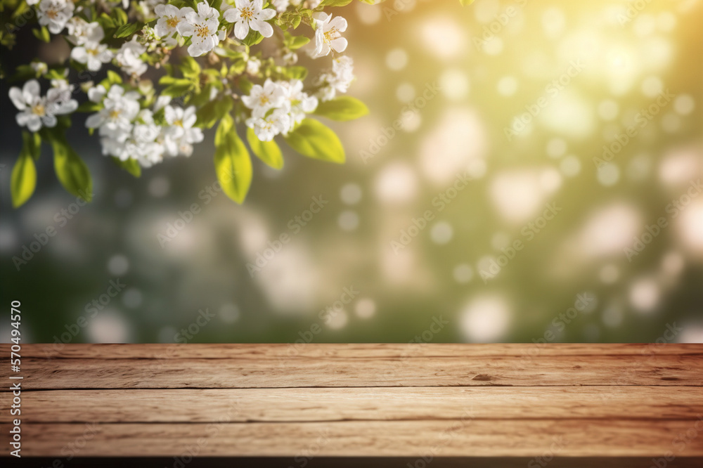 Empty table for product display with flower spring blur background . Sublime Generative AI image .