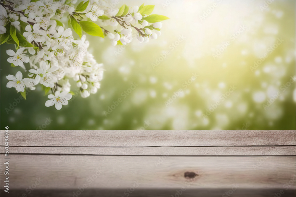 Empty table for product display with flower spring blur background . Sublime Generative AI image .