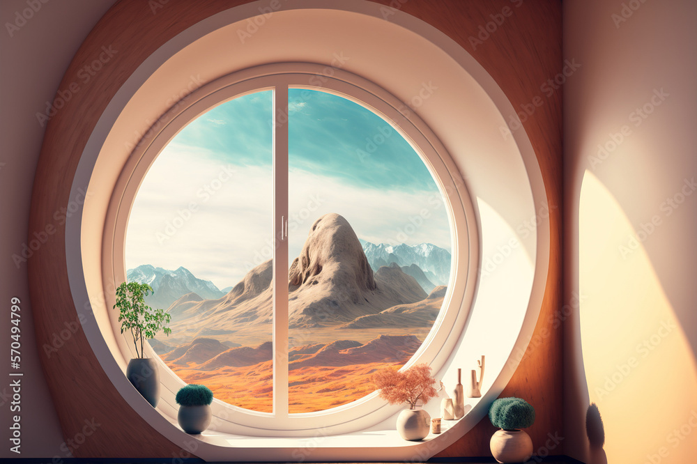 A room with round glass window overlooking beautiful landscape background . Hotel futuristic showroo