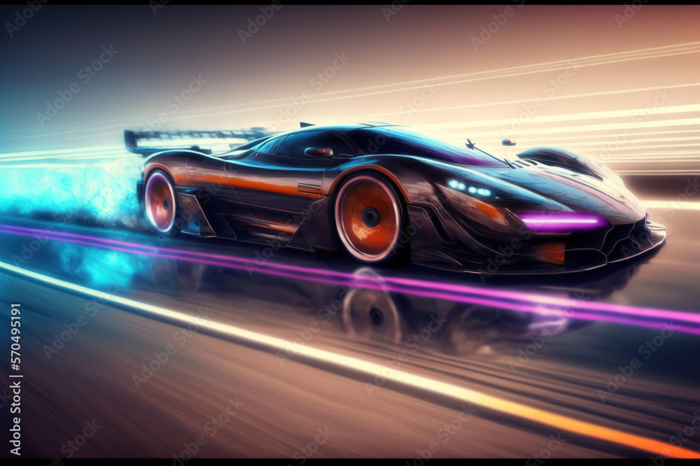 Speeding fast sports car drives on highway road with motion blur effects creating light trailing env