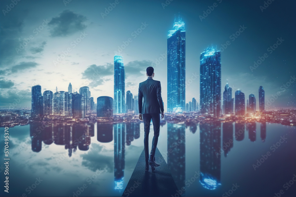 Businessman walking on virtual reality platform to futuristic smart city of opportunity with interne