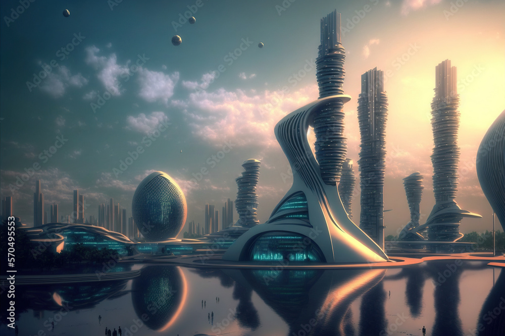 Skyline of futuristic city with fictional architecture in panoramic view . Megalopolis landscape wit