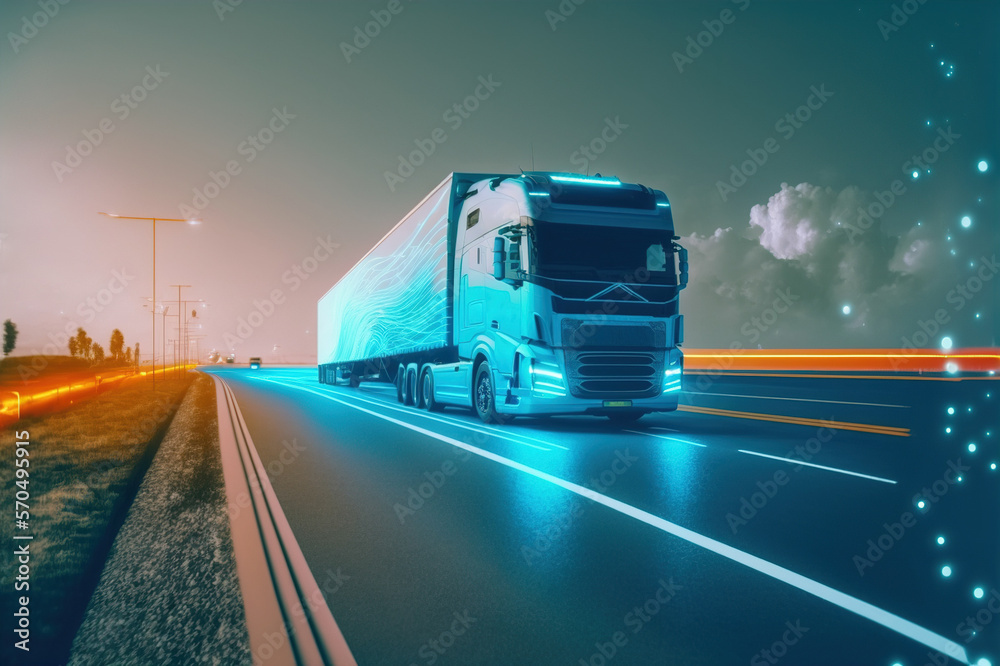 Self driving futuristic freight truck deliver goods to warehouse on city highway road with advanced 