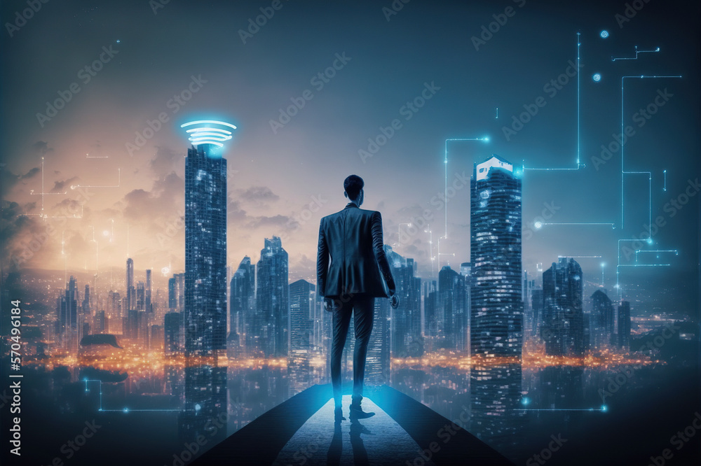 Businessman walking on virtual reality platform to futuristic smart city of opportunity with interne