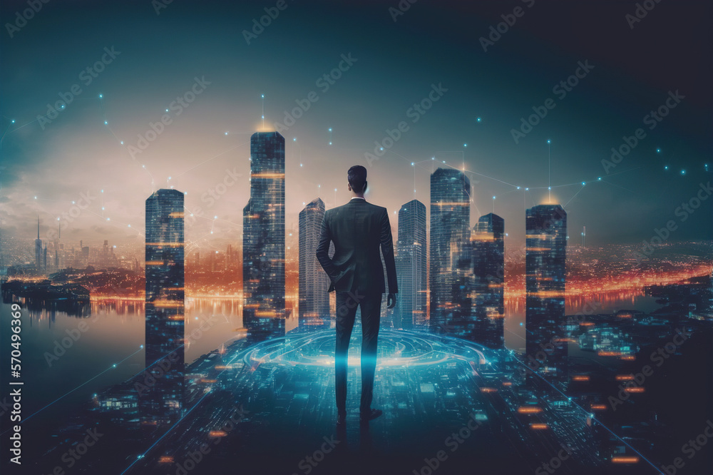 Businessman walking on virtual reality platform to futuristic smart city of opportunity with interne