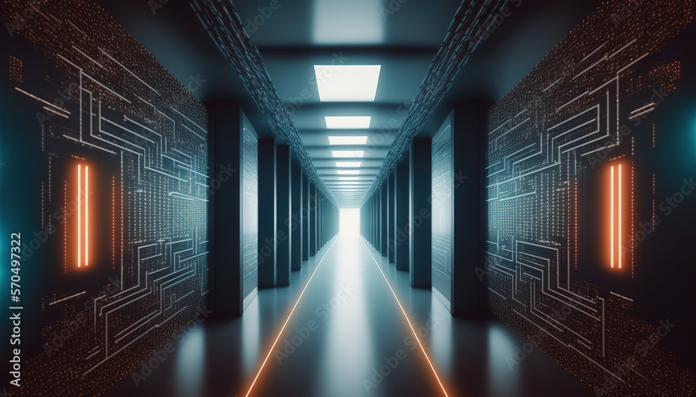 Corridor of data center with racks of server computer for cloud computing data storage , cyber secur