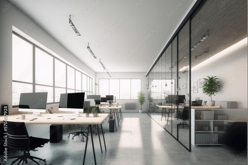 Modern office interior design . Contemporary workspace for creative business. Peculiar AI generative