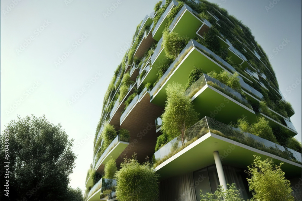 Eco-friendly green building with vertical garden design for sustainability . Sublime Generative AI i