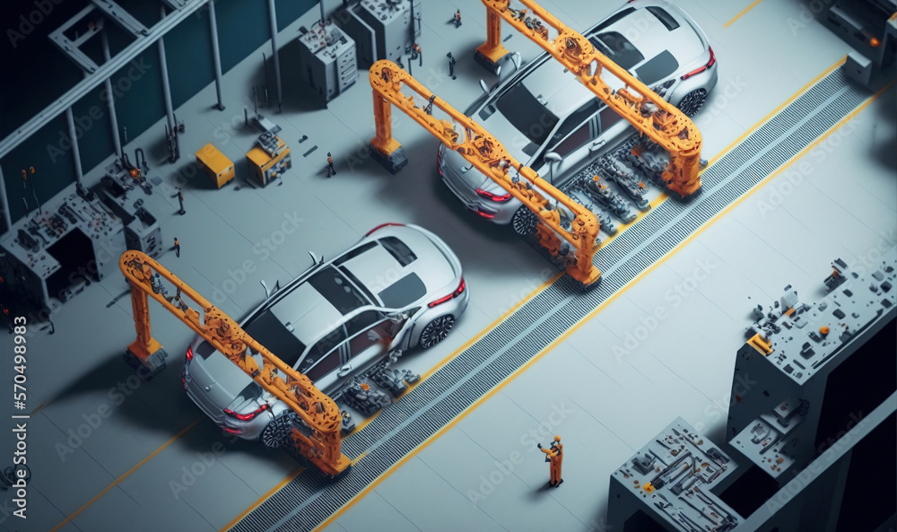 Top View Car Factory with Automated Robot Arm Assembly Line Manufacturing . Sublime Generative AI im