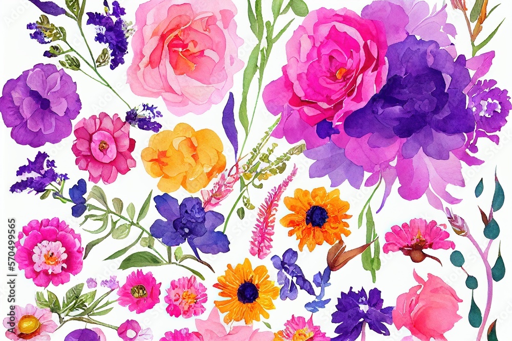 Flower bouquet set watercolor pieces of artwork design. Spring and summer flower nature in style of 