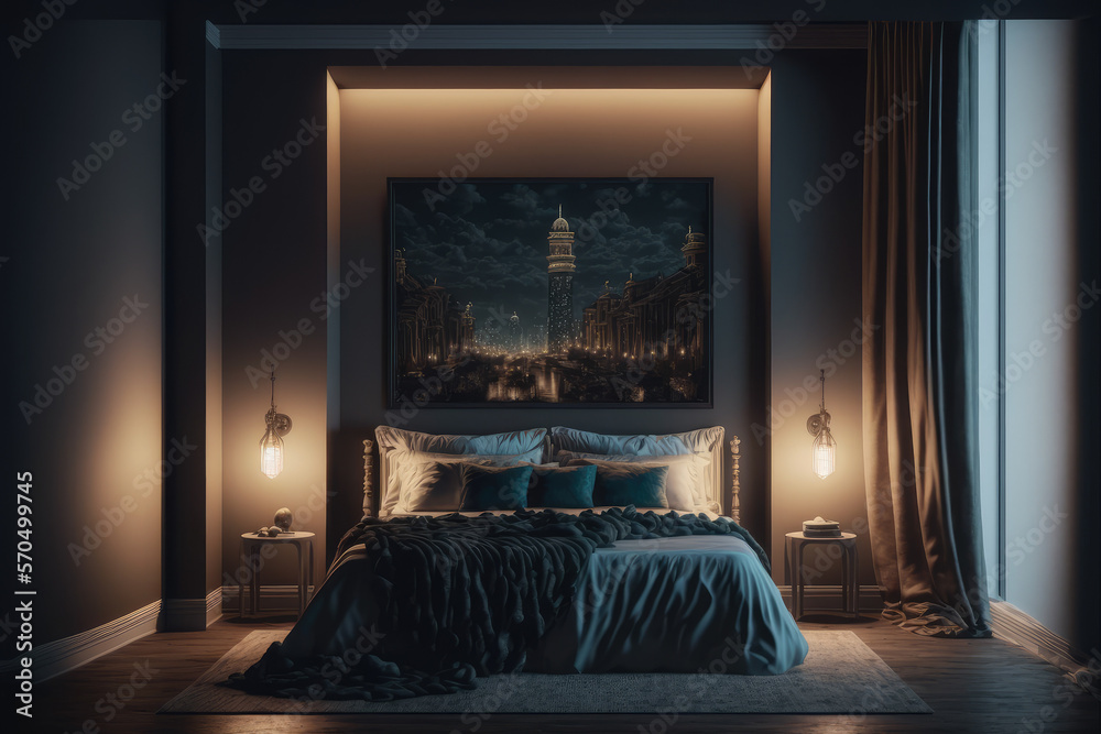 Interior of luxury penthouse bedroom at night. Peculiar AI generative image.