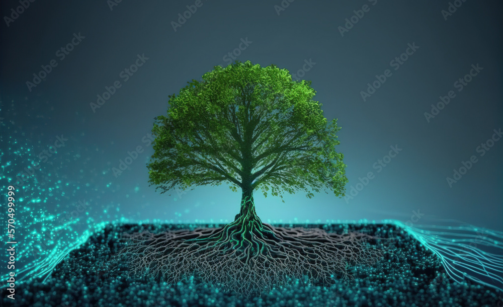 A beautiful large tree growing on the micro chip computer circuit board showing concept of digital b