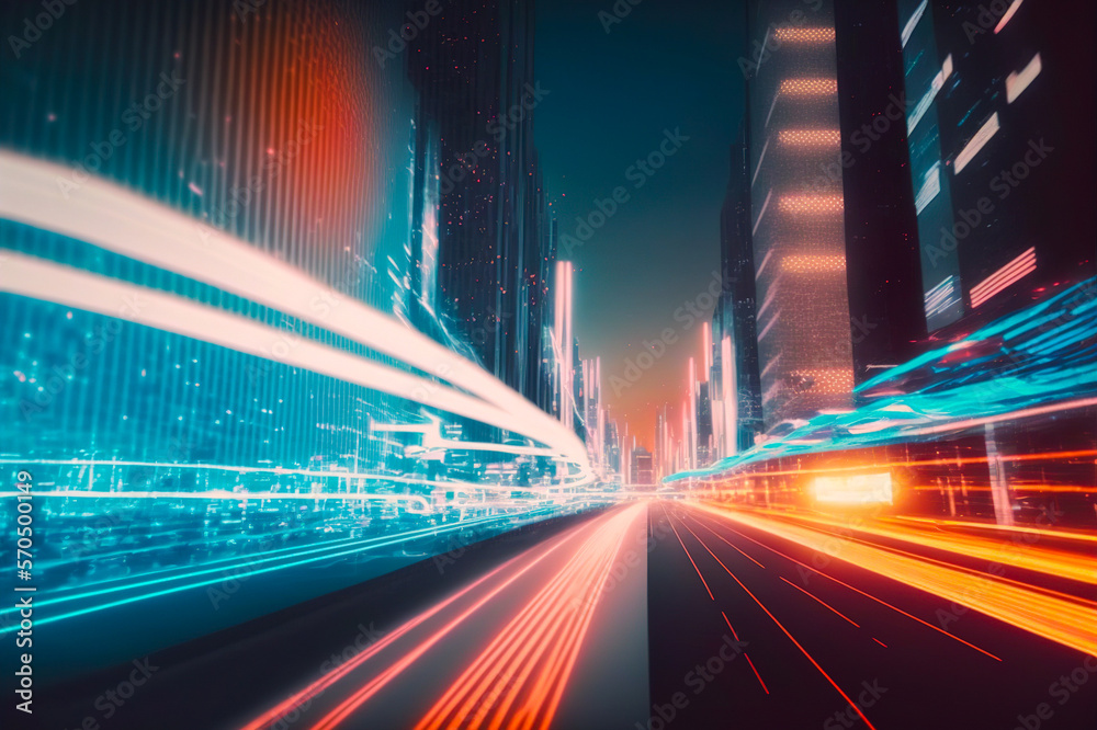 Smart digital city with high speed light trail of cars of digital data transfer . Sublime Generative