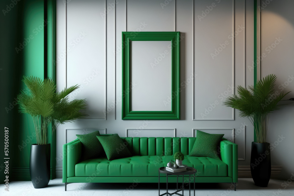 Green modern interior living room design with empty picture frame template for your desired content.