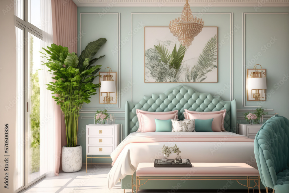 Pastel color elegant bedroom interior design. Peculiar AI generative image.