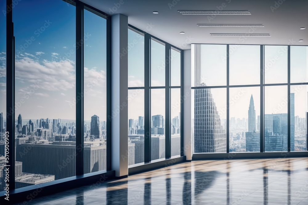 Empty modern office background in city center . Workspace interior design . Clean and bright office 