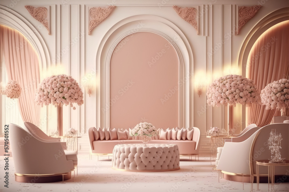 Modern living room interior design decorated in luxurious all pink color monochrome. Peculiar AI gen