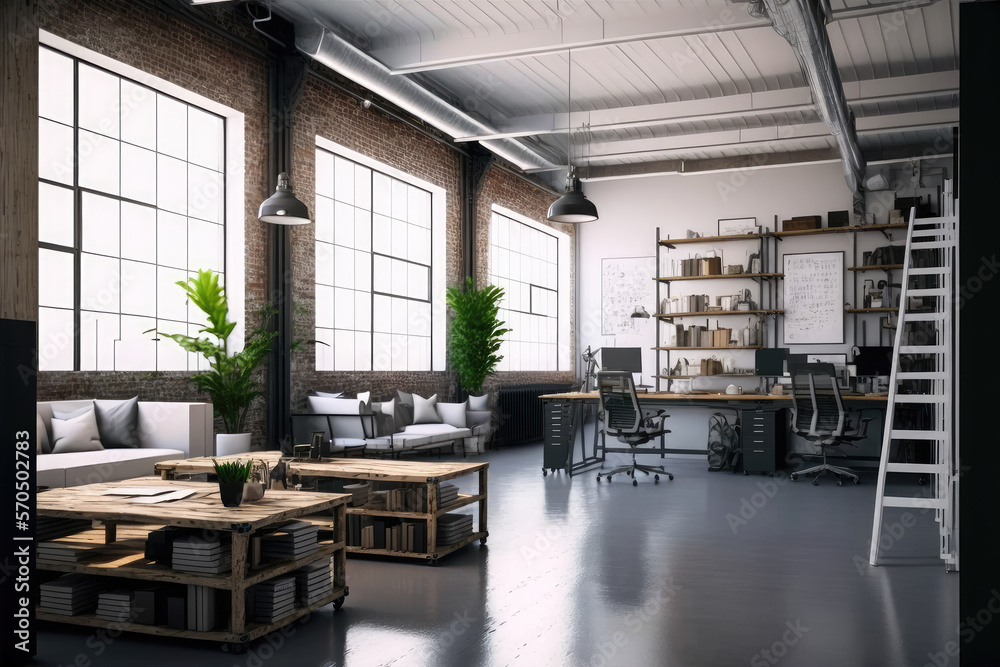 Luxury workspace office decorated with industrial loft modern interior design. Peculiar AI generativ