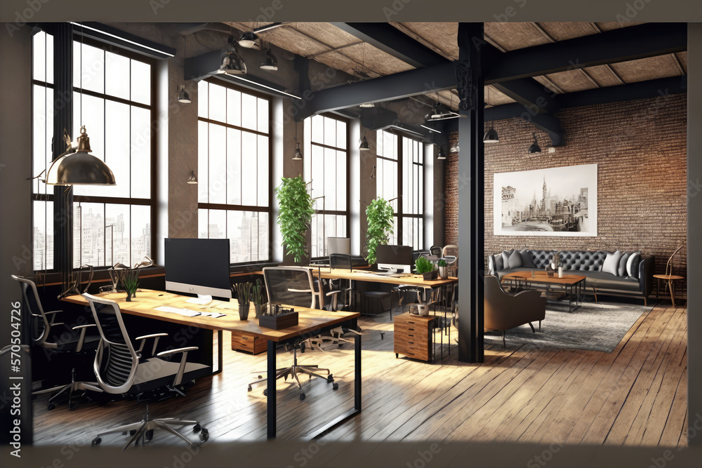 Luxury workspace office decorated with industrial loft modern interior design. Peculiar AI generativ