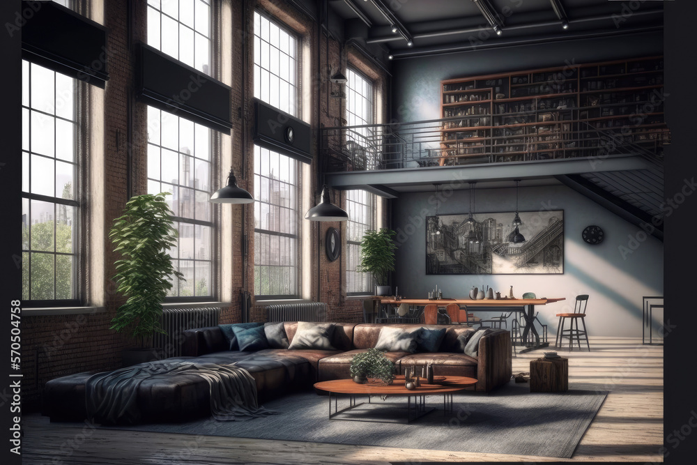 Luxury apartment decorated with industrial loft modern interior design. Peculiar AI generative image